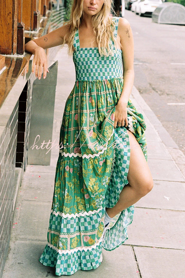 Ric Rac Trim Smocked Bust Lace-Up Maxi Dress