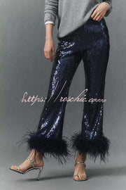 Sequin Feather Trim High Rise Flare Pants – Party & NYE