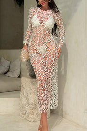 Bikini Set with Long-Sleeve Hollow Cover-Up Maxi Dress
