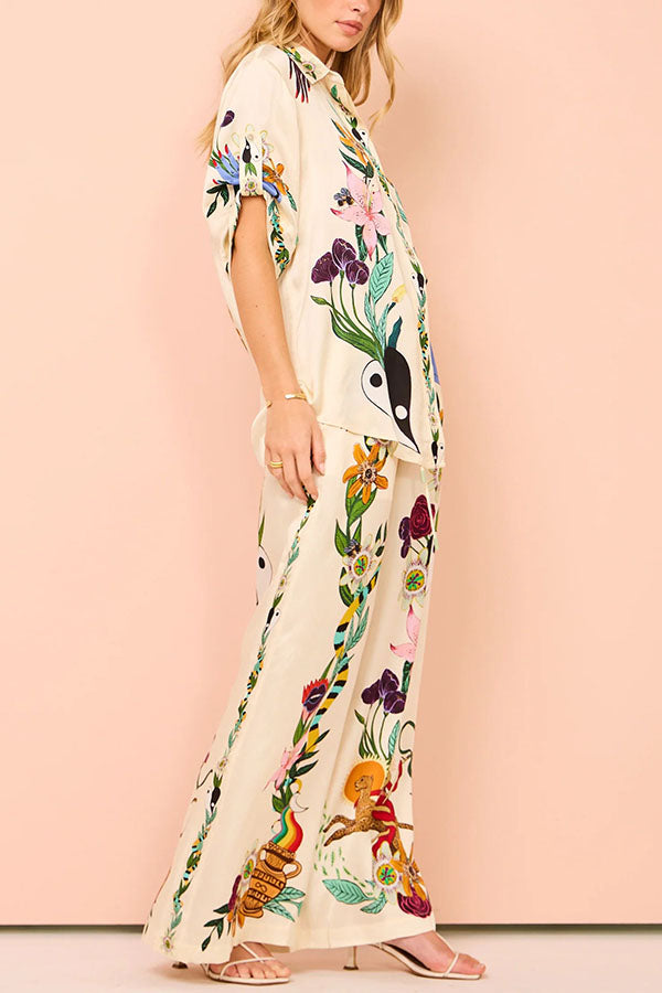 Satin Printed Oversized Button-Down Blouse | Loose Fit