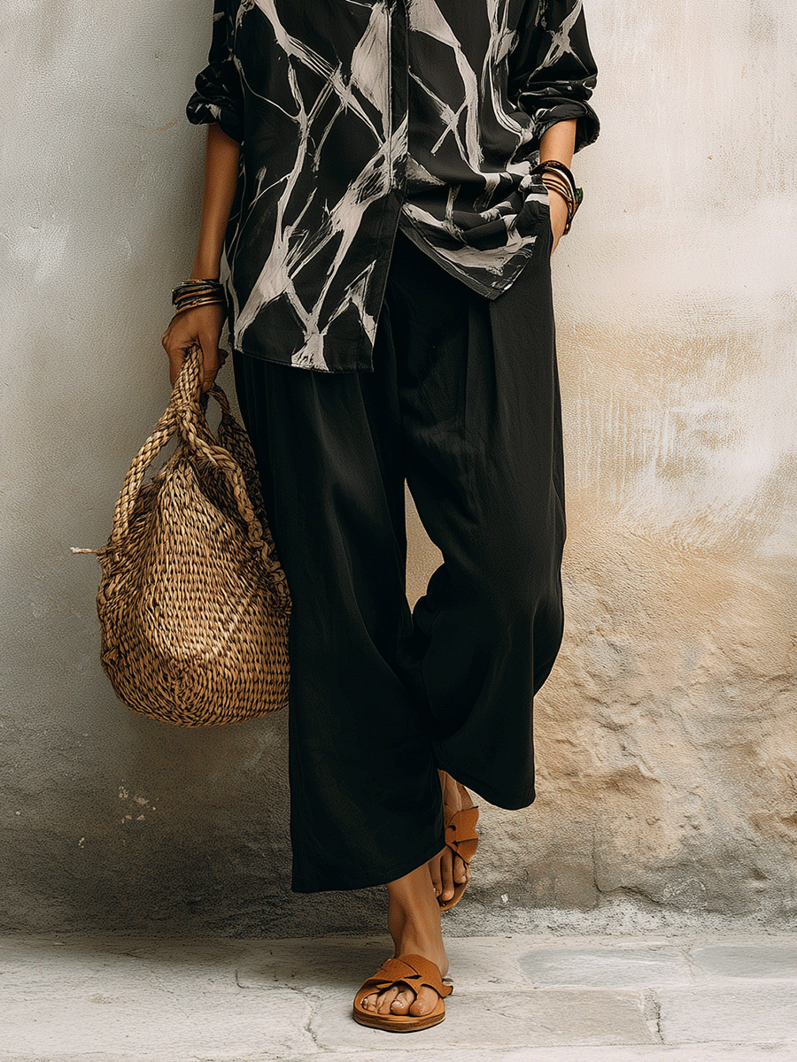 Abstract Print Loose Top & Wide-Leg Pants Set