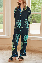 Black Octopus Print Long Sleeve Two-Piece Lounge Set