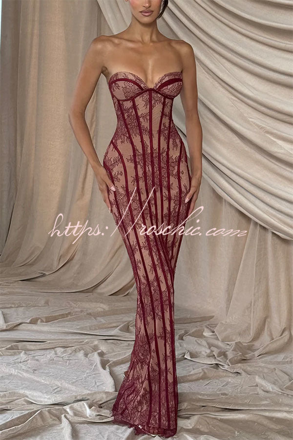 Floral Lace Strapless Maxi Dress with Lace-Up Back & Slit