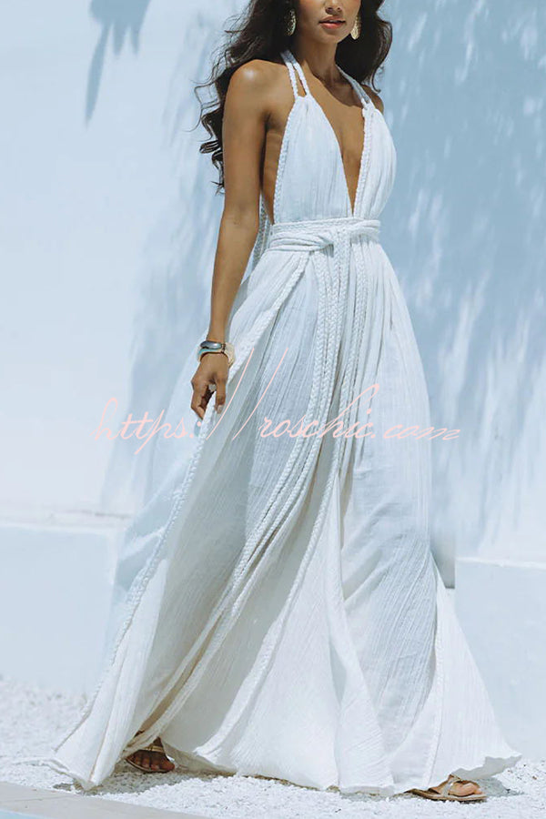 Linen Blend Halter Maxi Dress – Deep V Backless Cover Up