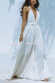 Linen Blend Halter Maxi Dress – Deep V Backless Cover Up