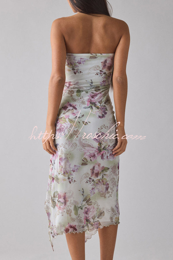 Mesh Tie-Dye Strapless Maxi Dress with Side Slit