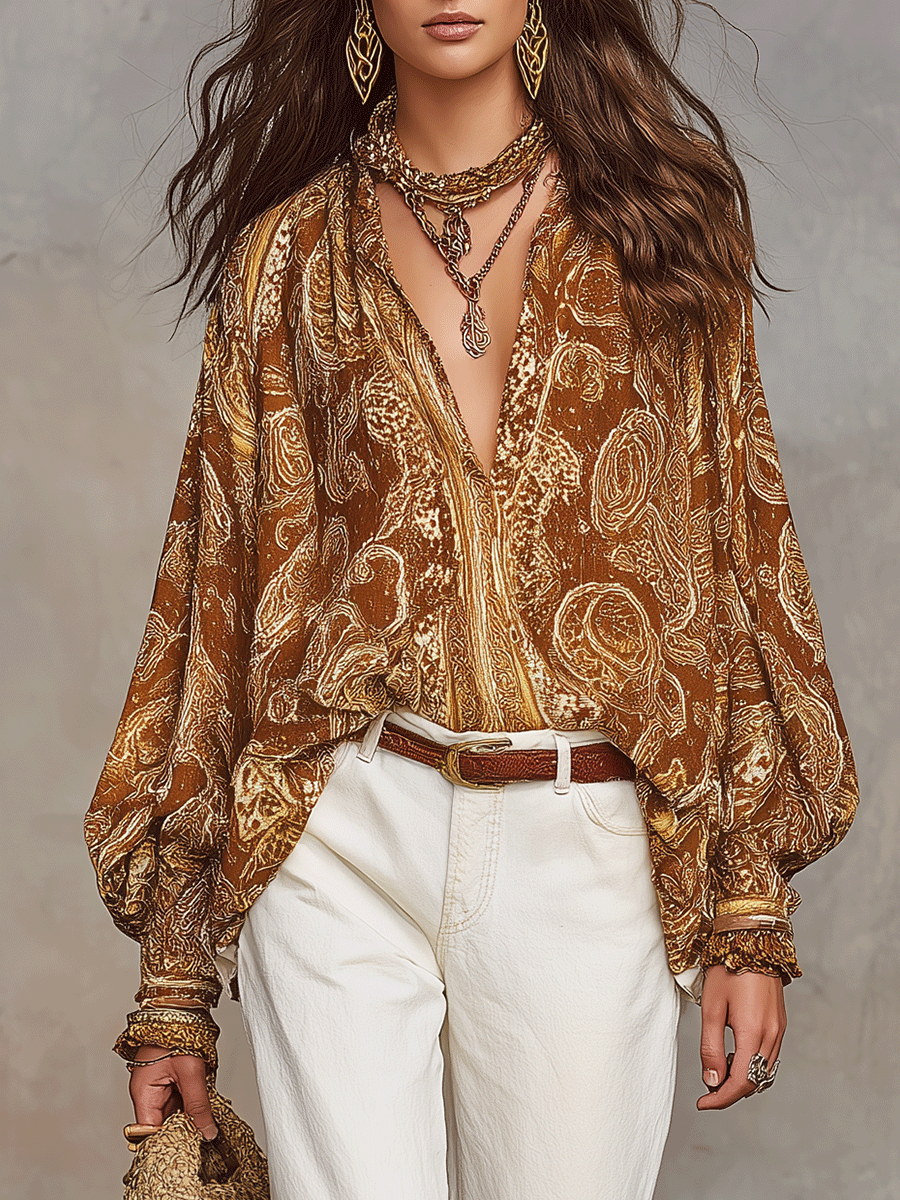 Bohemian Paisley Long Sleeve Blouse with Adjustable Neckline