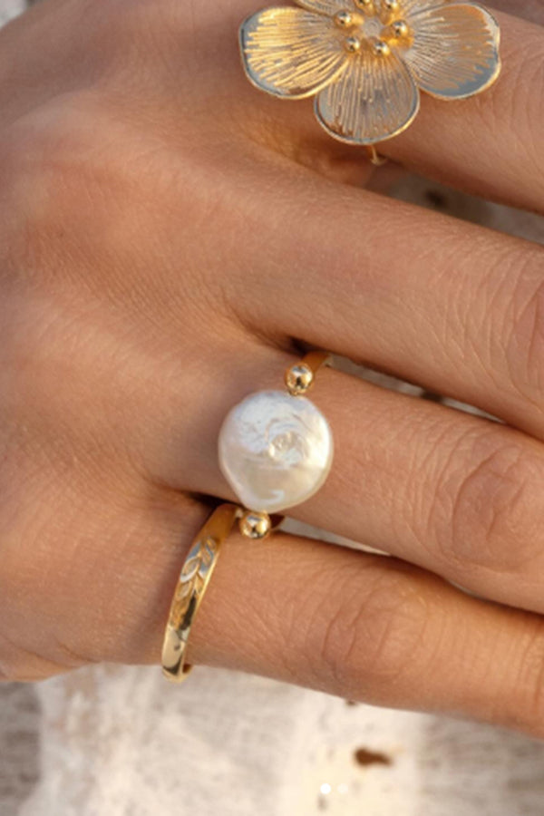 Pearl Stainless Steel Button Ring | U-Shape Electroplated