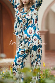 Blue & White Floral Print Long Sleeve Two-Piece Set