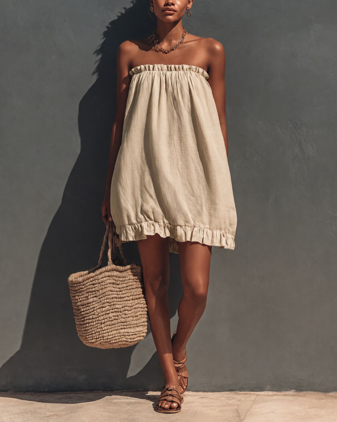 Strapless Ruched Cotton Mini Dress