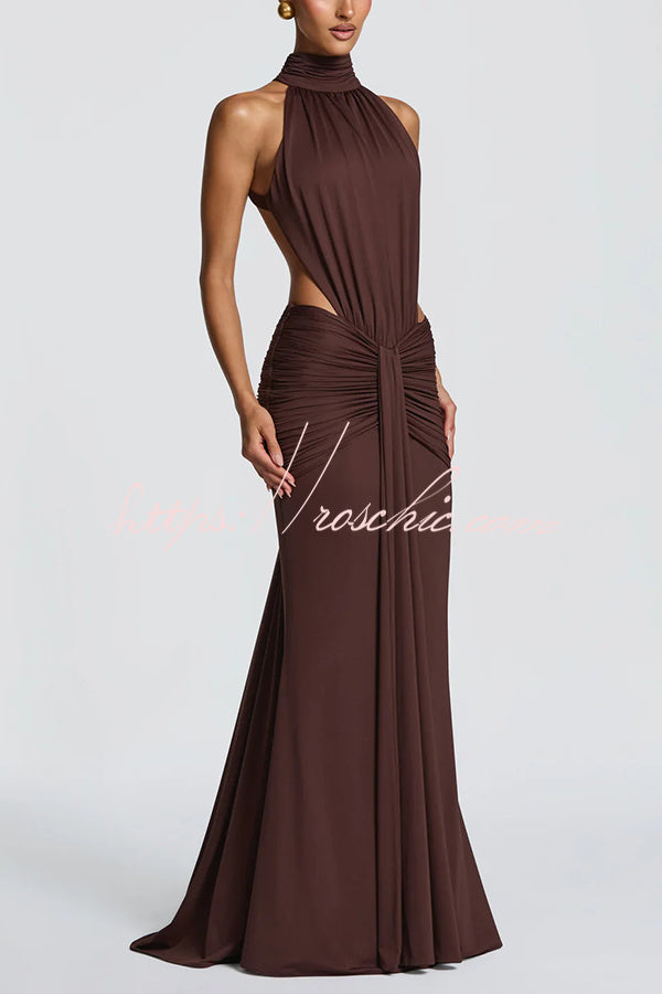 Stretch Slinky Jersey High Neck Ruched Backless Maxi Dress