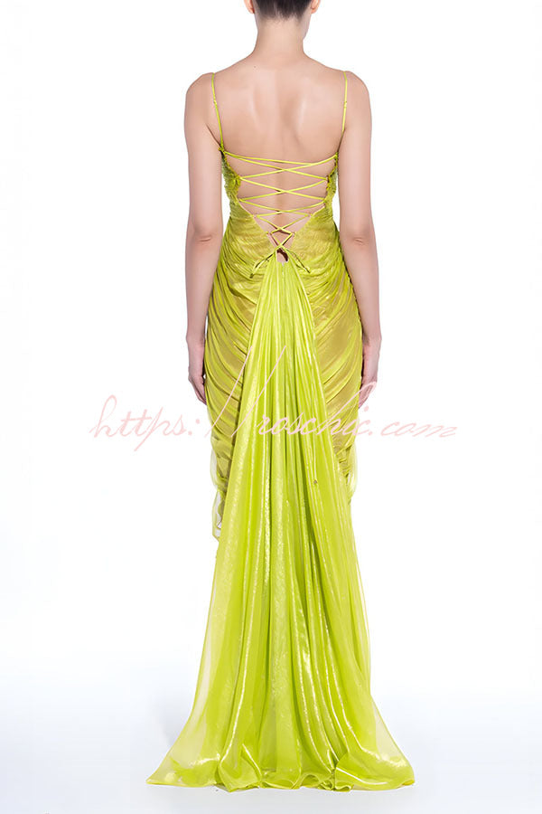 Pleated Lace-Up Open Back Maxi Dress – Party & Vacation