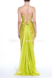 Pleated Lace-Up Open Back Maxi Dress – Party & Vacation