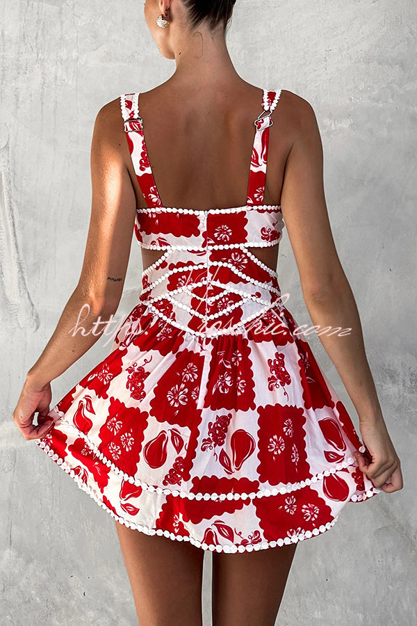 Holiday Print Ric Rac Trim Cutout Mini Dress