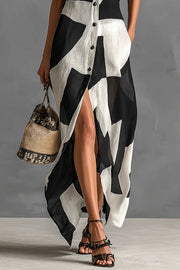 Geometric Print Lapel Maxi Dress – Loose Fit Vacation Dress