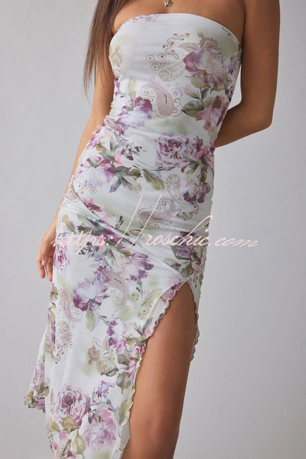 Mesh Tie-Dye Strapless Maxi Dress with Side Slit