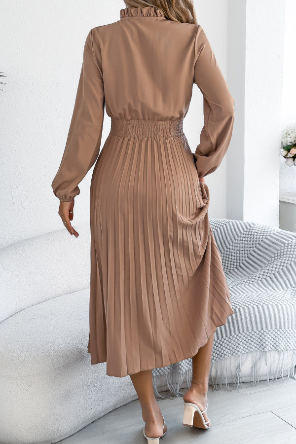 Women's Long Sleeve Pleated Midi Dress – Fitted Waist