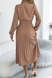 Women's Long Sleeve Pleated Midi Dress – Fitted Waist