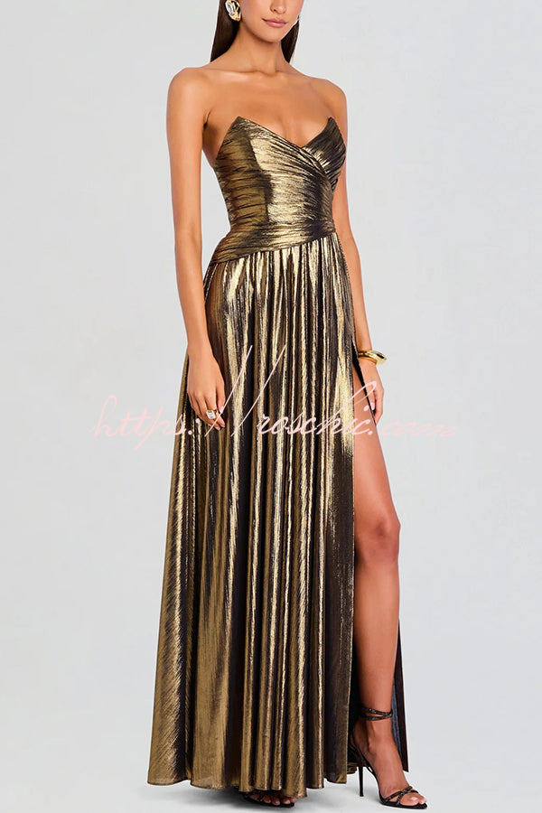 Metallic Pleated Off-Shoulder Maxi Dress with Thigh-High Slit