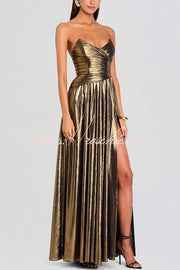 Metallic Pleated Off-Shoulder Maxi Dress with Thigh-High Slit