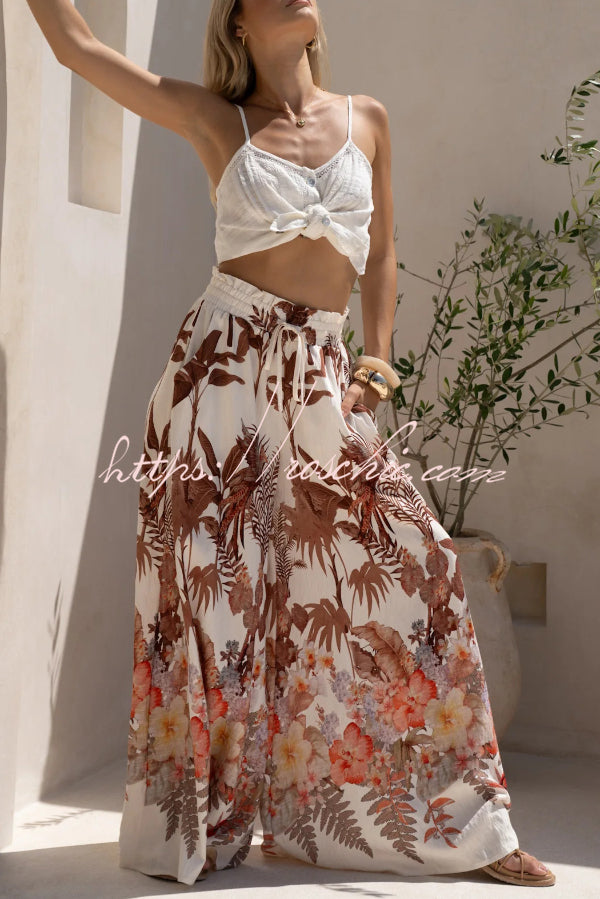 Pantalon large à imprimé feuilles avec taille élastique et poches