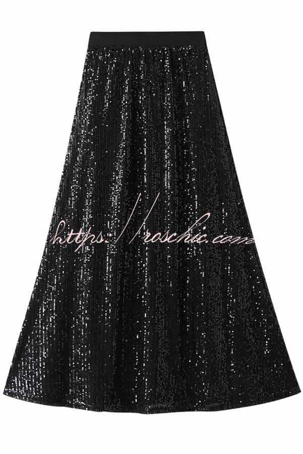 Golden Sequin Maxi Skirt with Elastic Waist – Party Ready