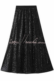 Golden Sequin Maxi Skirt with Elastic Waist – Party Ready
