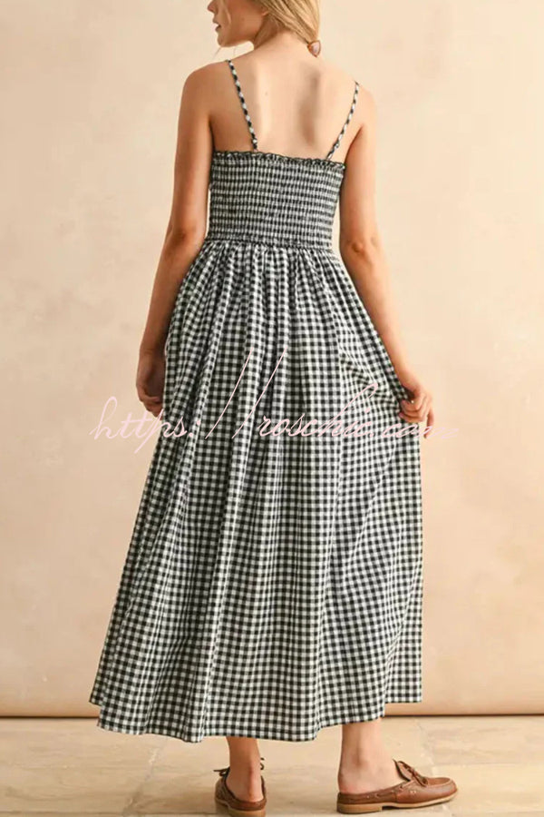 Plaid Print Ruched Maxi Dress with Pockets