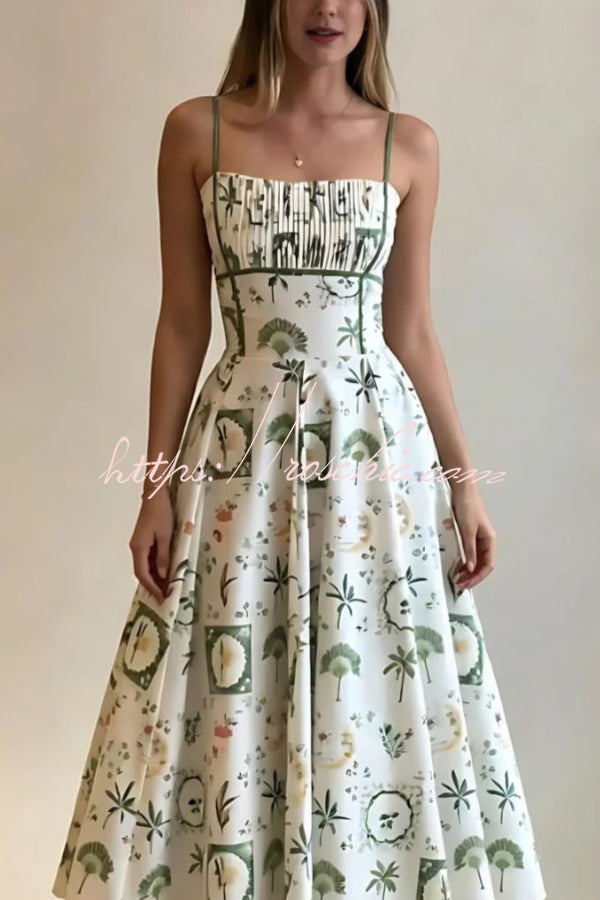 Printed Sleeveless Pleated Waist Maxi Dress for Vacation