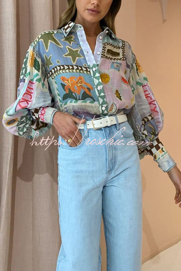 Printed Balloon Sleeve Loose Button Shirt | Vacation Top