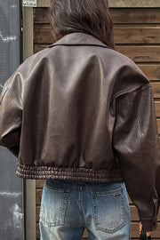 Women's Faux Leather Jacket with Lapel & Pockets