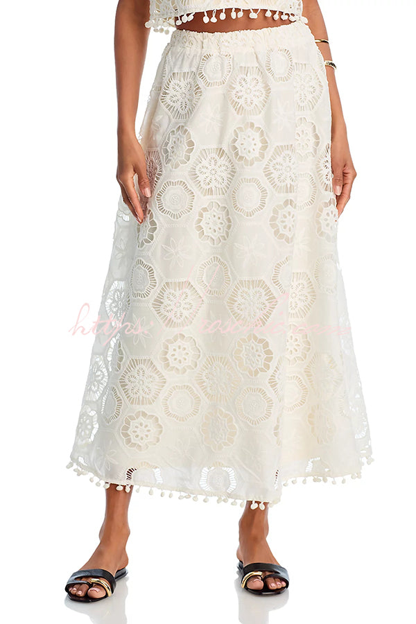 Embroidered Crochet Lace Tassel Trim Midi Skirt