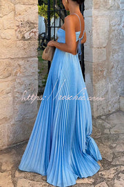Satin Pleated Maxi Dress with Cross Halter Cutout