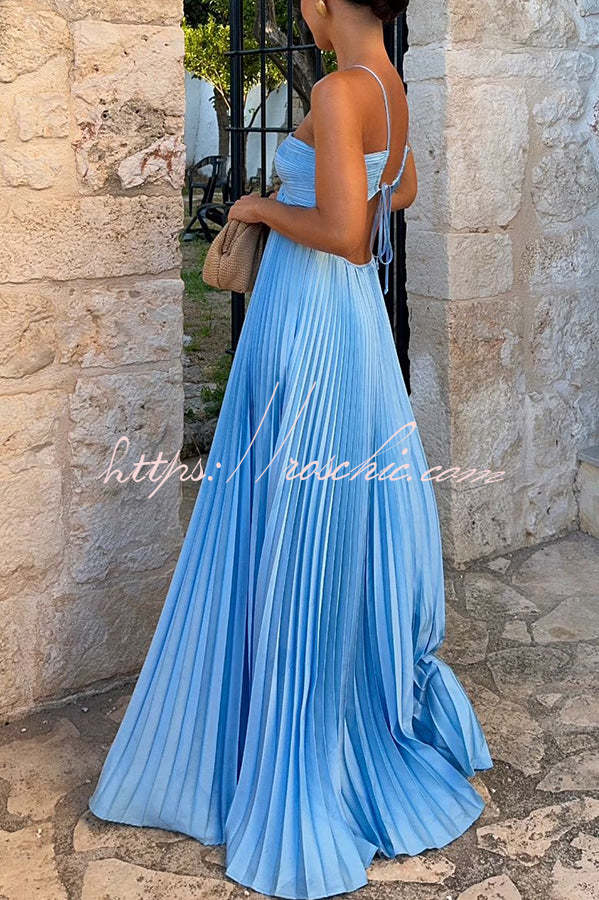 Satin Pleated Maxi Dress with Cross Halter Cutout