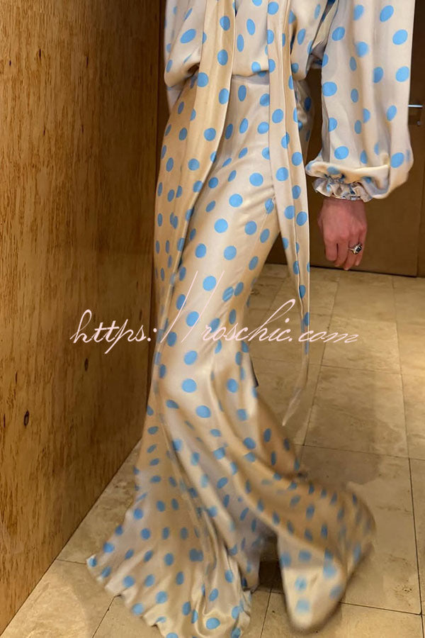 Satin Colorblock Polka Dot High Rise Flare Maxi Skirt
