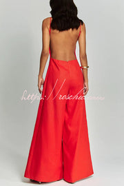 Linen Blend Wide Leg Jumpsuit with Square Neck & Pockets