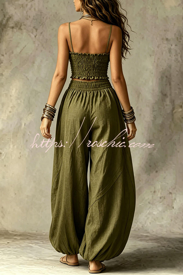 Olive Pleated Crop Top & Wide-Leg Pants Set