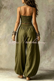 Olive Pleated Crop Top & Wide-Leg Pants Set