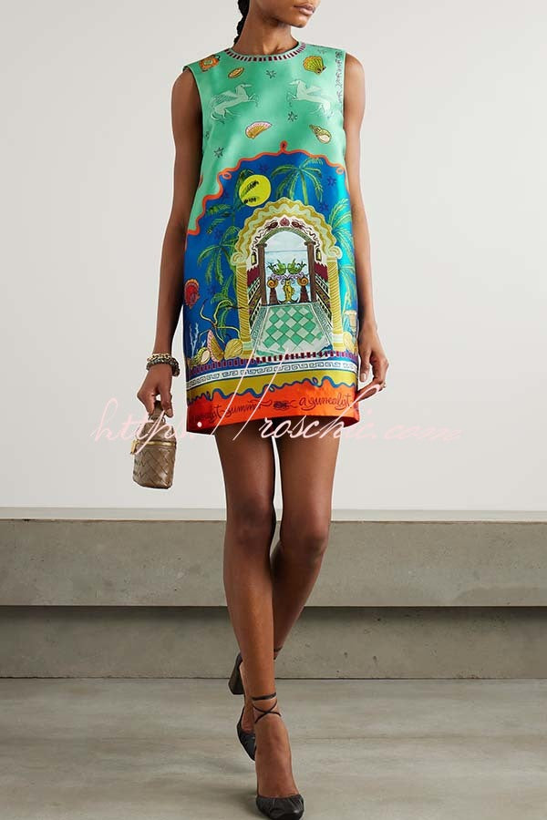 Satin Twill Surreal Summer Print Sleeveless Mini Dress