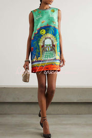 Satin Twill Surreal Summer Print Sleeveless Mini Dress