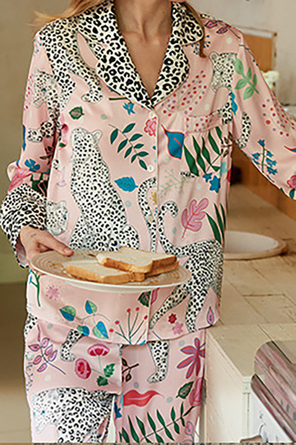 Pink Snow Leopard Print Long Sleeve Two-Piece Lounge Set