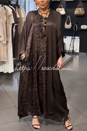 Satin Leopard Print Maxi Dress & Batwing Kimono Two-Piece Set