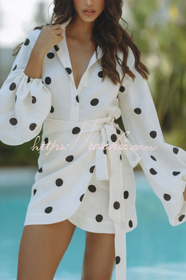 Linen Blend Polka Dot Balloon Sleeve Blouse & Mini Skirt Set