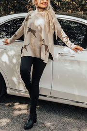 Leopard Print High Neck Relaxed Sweatshirt with Side Slit