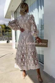 Crochet Lace Lantern Sleeve Midi Dress for Parties