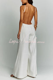 Linen Blend Wide Leg Jumpsuit with Square Neck & Pockets
