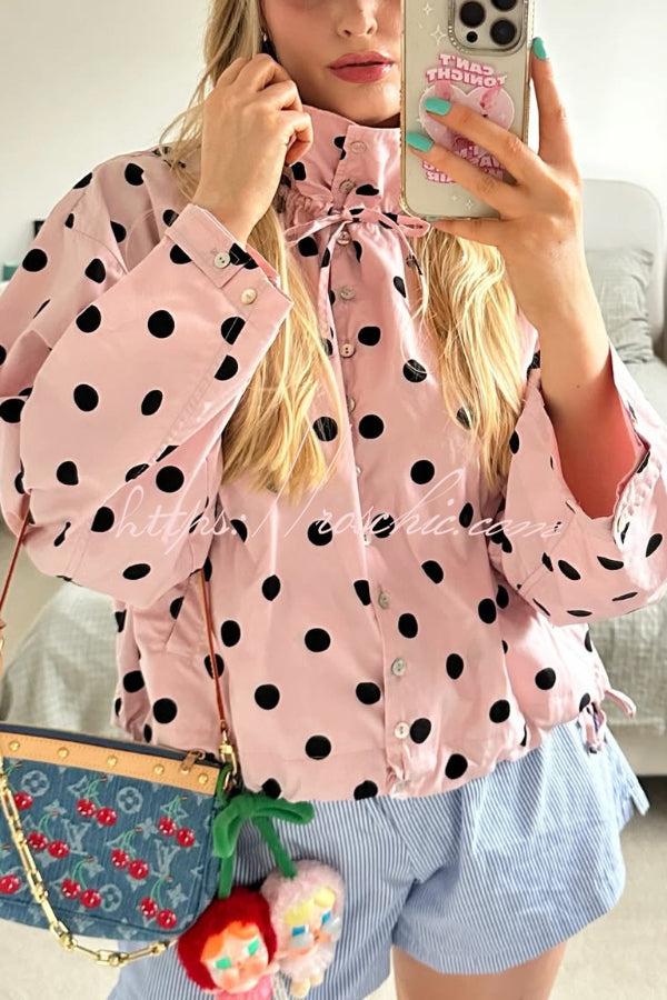 Polka Dot Loose Jacket with Stand Collar & Bow Tie Detail