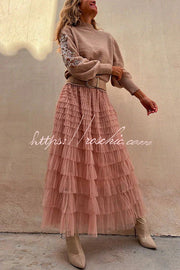 Tiered Tulle Maxi Skirt with Elastic Waist – Loose Fit