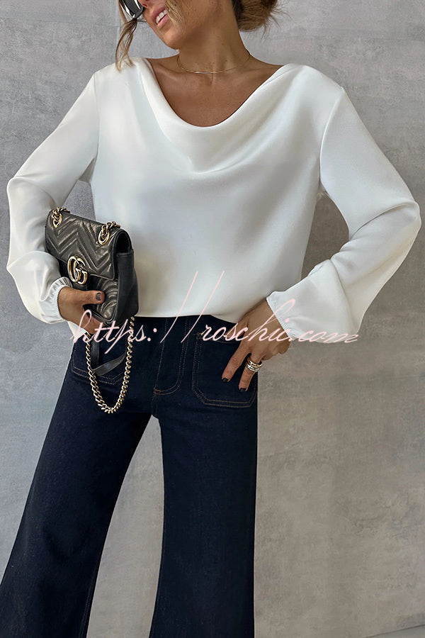 Satin Cowl Drape Neck Blouse – Long Sleeve Loose Fit Top
