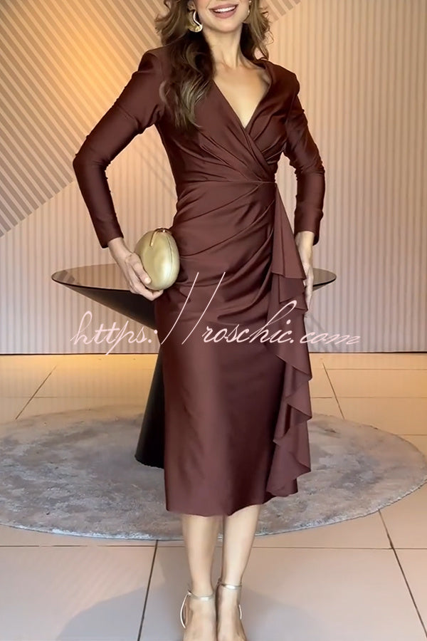 Satin Long Sleeve Midi Dress with Ruffled Hem & Slit